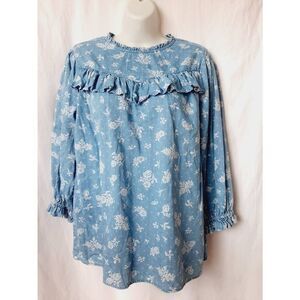 Cato blue white floral ruffle neck prarie sz medium blouse